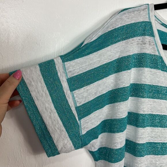 Chico’s Linen Blend Aqua Stripe V-neck Tee Size XL - Picture 3 of 9